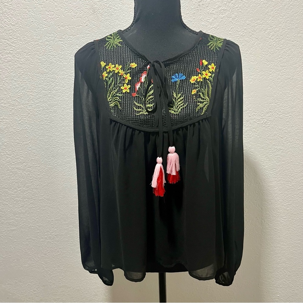 re:named Black Blouse with Colorful Floral Embroidery